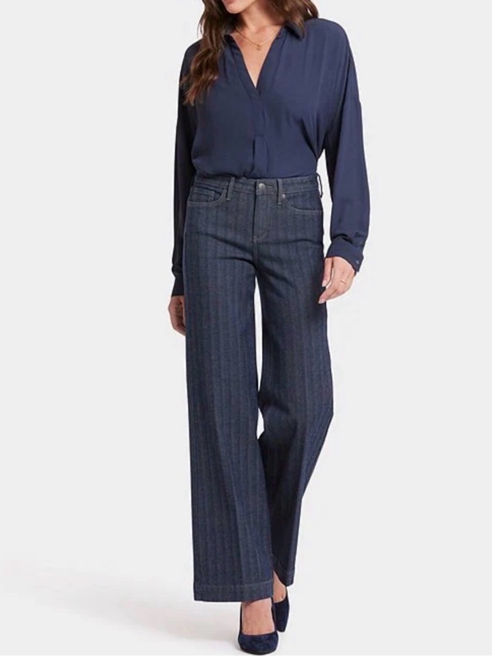 NYDJ Women's Lift x Tuck Dark Blue Pinstriped Teresa Wide Leg Jeans Size 16W